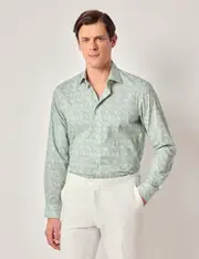 Hawes & Curtis Green & White Mini Bird Slim Curtis Shirt Size: XS