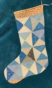 ANTIQUE VINTAGE QUILT CHRISTMAS STOCKING! BLUES WITH RED COTTAGE CORE 24-24