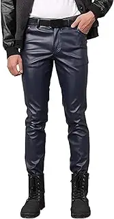 [Generic] Faux Leather Pants for Men Business Slim Fit Five Pockets Straight Leg Metallic Pants Motorcycle Biker Pants