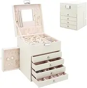 [Casiwaft] Jewellery Box Organiser with 6 Drawers and Mirror, Large PU Jewelry Organiser Display Case with Side Drawers, 5 Layers Jewellery Box for Rings Earrings Bracelets Necklaces, Beige