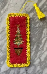 finished completed cross stitch bookmark Christmas tree on red crochet border