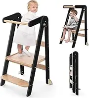 Xisiciao Foldable Toddler Kitchen Tower, Baby Montessori Kitchen Helper with Safety Rail, Kids Wooden Learning Tower Adjustable Learning Step Stool (Black)