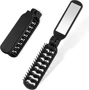 Mini Hair Brush with Mirror, Travel Hair Brush Portable Folding Wet Hairbrushes Foldable Compact Mini Mirror Brushes for Purse Pocket Size Massage Comb Tools for Women Men Styling (Black)