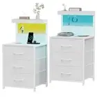 Nightstands Set of 2, LED End Table with 3 Drawers and Type C Charging White