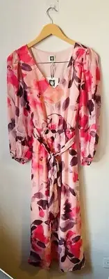 NWT Anne Klein Long Balloon Sleeve Floral Tie Waist Pink Dress SZ S SMALL
