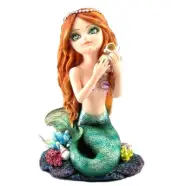 Mermaid w/ Coral Listening to Conch Shell WIQ93 Statue Figurine 5 1/2" H Resin