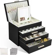 LIAN Large Jewelry Box Organizer 4 Layer Jewelry Holder Organizer with Mirror Leather Jewelry Case for Necklace Earrings Bracelet Storage for Women Girls(4 layer Black)