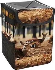 Car Trash Can with Lid and Storage Pockets Leak-Proof Organizer,Waterproof Garbage Can,Animal Family Deer