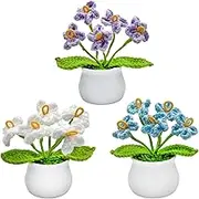 3 PCS Crochet Flowers Bouquet Crocheted Small Potted Plants Desk Flowers Desk Decor Handmade Knitted Flowers for Car Dashboard, Home Office Decor - Gifts (Forget Me Not)