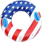 Greenery-GRE US Flag Inflatable Swimming Ring with Handles 35.4 inch Swim Pool Float Safe PVC Thickened Floating Ring Swim Tube Summer Fun Water Beach Toys Swim Trainer for Adults Kids