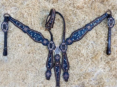 Leather Horse Headstall Set with Black Rhinestone Along with Copper Studs MOUSM