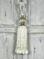 Pair 2 pieces Curtain Tie Backs - 30cm Tassel with glass faceted top and Pom Poms - Cream