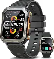 ZONEY Military Rugged Smartwatch for Men,Sport Watch with Answer/Make Call IP68 1.83 inch Fitness Tracker Pedometer SpO2 for Outdoor Enthusiasts (Orange)