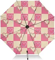 [RPLIFE] Checkerboard Pink Cream Umbrella for Rain, Lightweight Portable Automatic Open/close Umbrella for Women, Travel Umbrellas for Rain, Wind and Sun
