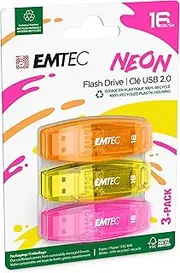 Emtec C410 Neon 16GB USB 2.0 Flash Drive (Pack of 3)