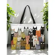 Women's Cute Cat Print Tote Bag - Anti-theft Zipper Inner Pocket, Large Capacity Canvas Tote Bag, Fashionable and Fun, Great for Shopping, Work and Casual Outi