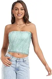 [FRODOTGV] Plant Leaves Teal Summer Sexy Tube Top Elastic Bandeau Bra Top Shoulder Surgery Bra for Lady Nursing