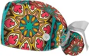 [WOSHJIUK] Working Hat 2 Pack Scrub Caps for Women,Mandala Indian Ethnic Floral,Tie Back Cap Adjustable Scrub Hat