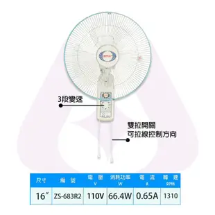 【永光】斑馬牌 台製 16吋 110V 雙拉 三段變速 可拉控制方向 掛壁扇 電風扇 電扇 馬達保1 (5折)