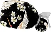 [WOSHJIUK] Working Hat 2 Pack Scrub Caps for Women,White Crane and Flower,Tie Back Cap Adjustable Scrub Hat