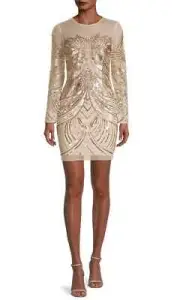 NEW Aidan Mattox Long Sleeve Beaded Sequin Beige Mini Dress Long Sleeves size 2