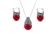 Solid 925 Sterling Silver Genuine Marcasite Red Pearl Earring & Necklace Set