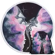 Purplish Space Dragon Flying through the Cosmos Round Beach Towel