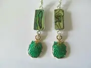 ABALONE SHELL w/GOLD TURQUOISE ENAMEL SEASHELL STERLING SILVER PIERCED EARRINGS