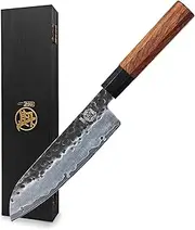 MITSUMOTO SAKARI 19 cm Japanese Santoku Chef Knife, High Carbon Stainless Steel Kitchen Cooking Knife, Professional Hand Forged Chef's Knives (Rosewood Handle and Wooden Box)