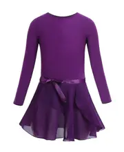 Girls Ballet Dress Gymnastics Leotards Kids Long Sleeve Ballet Dancewear With Chiffon Tied Skirts Kids Bowknot Ballerina Clothes Dark Purple XL