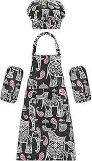 AIXIWAWA Kids Apron Chef Hat Set, Child Kitchen Bib Aprons Adjustable for Cooking Baking Painting (Indian Elephants)