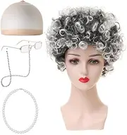 Old Lady Cosplay Set, Grey Granny Wig Curls Necklace and Fake Eyeglasses Set,Halloween Masquerade Party Witch Decoration 100 Days of School Event