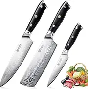 PAUDIN Damascus Knife Set 3 PCS, Kitchen Knife Set with Japanese VG10 Steel Core, Ultra Sharp Chef Knife Set with Full Tang G10 Handle, Damascus Kitchen Knives