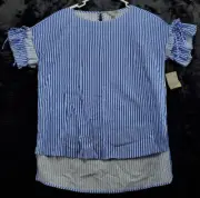 Belle & Sky Blouse Top Womens Small Blue White Striped Short Sleeve Round Neck