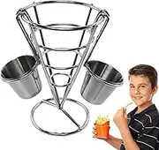 French Fries Stand,Food Service Display Stands With 2 Sauce Cups - Fried Chicken Display Rack, French Fry Cup Holder, Stainless Steel Cone For Food Snack, Kitchen