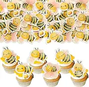 Gyufise 54Pcs Edible Bumble Bee Cupcake Toppers Edible Honey Bee Cupcake Picks Wafer Paper Oh Babee Cupcake Decorations for Bee Theme Baby Shower Birthday Party Cake Food Decorations Supplies