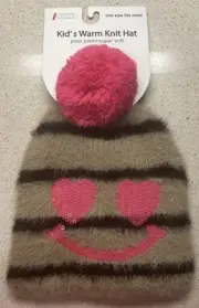 James Paul Kids Warm Knit Hat Striped Smiley Face Pink Brown Black OSFM Girls