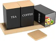 3PCS Coffee Tea Sugar Container Set, 1000ml Metal Vintage Kitchen Canister Set with Bamboo Lid and Tray, Tea Coffee Sugar Storage Jars, Food Storage Container Jars for Kitchen Counter (Black)