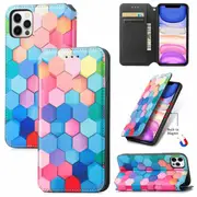 CaseNeo For Apple iPhone 11 Pro Max Leather Wallet Flip Case With RFID Blocking Credit Card Holder Slots Cover - Colored Squares