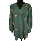 Figueroa & Flower Teal Green Boho Embroidered Peasant Blouse Button Up Sz LARGE