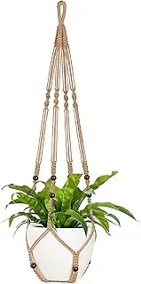 Mkono 43 Inch Macrame Plant Hanger Large for up to 12 Inch Pot Extra Long Hanging Plant Holder No Tassels Plant Basket with Wooden Beads for Indoor Outdoor Boho Decor, Brown
