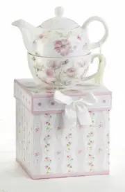 Delton Porcelain Tea for One Gift Set Stacked Teapot & Cup POPPYSEED