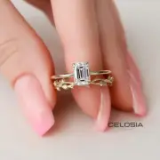 1.60 CT Emerald Cut Moissanite Bridal Set Engagement Ring 10K Solid Yellow Gold