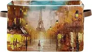 Painting Street Paris Eiffel Fabric Closet Storage Bins with Handle, Collapsible Nursery Room Organizer Storage