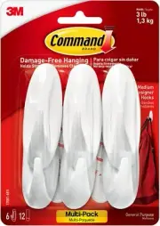 Command Medium Designer Hooks, Holdes up to 3 lb, 6 Wall Hooks with 12 White
