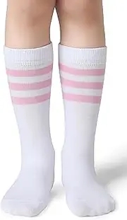 [Pareberry] Boys Girls Over the Calf Striped Tube Socks Cotton Soft Retro Athletics No Heel Socks for Kids 5-14 Years