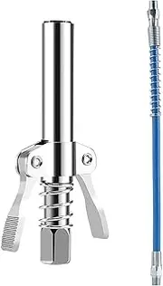 YUENTOEN Grease Gun Coupler with 15.7in Spring Flex Hose, Double Handle Extended Version Heavy Duty Grease Fitting 1/8" NPT 17,000 PSI
