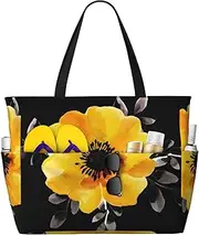 [Ghjkfbf] Yellow Flower Print Large Capacity Beach Travel Bag For Family, Beach Tote Bag For Women With Zipper Pockets, Black, One Size