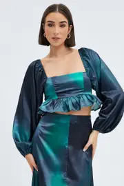 Green Print Crop Top Long Sleeve Square Neck Frill Hem Satin - Size 14, Women's Crop Top