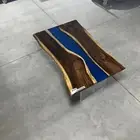 Epoxy Resin River Table Desk - Handmade Blue Live Edge Wood and Resin Table